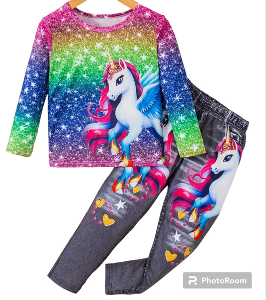 2pcs Toddler Girls Shiny Unicorn Graphic T-shirt Top + Imitation Denim Print Pants Set Spring Fall Gift Party