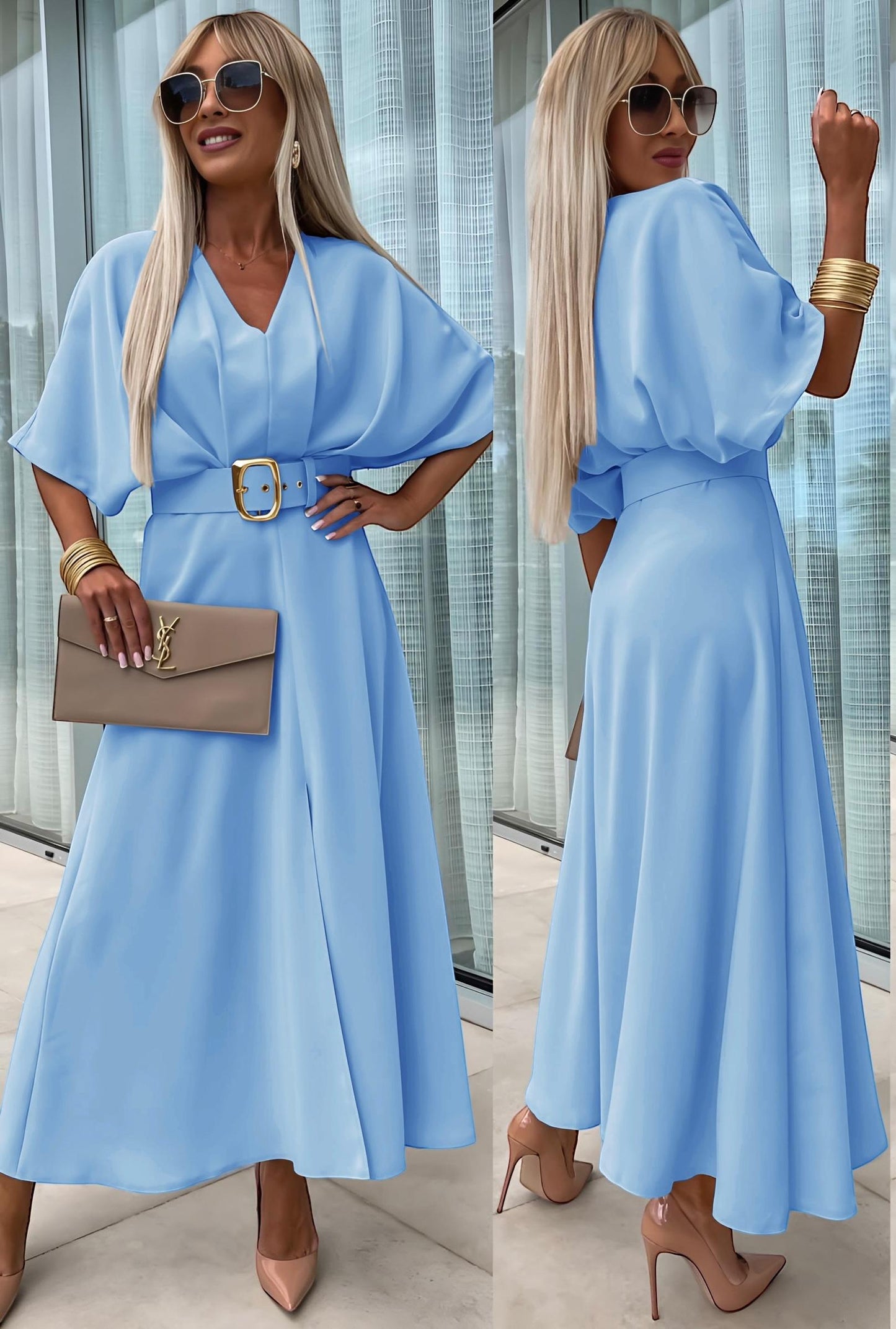 Long V-neck dress, very beautiful slit in the middle, with a belt, short sleeves, ideal for spring/summer