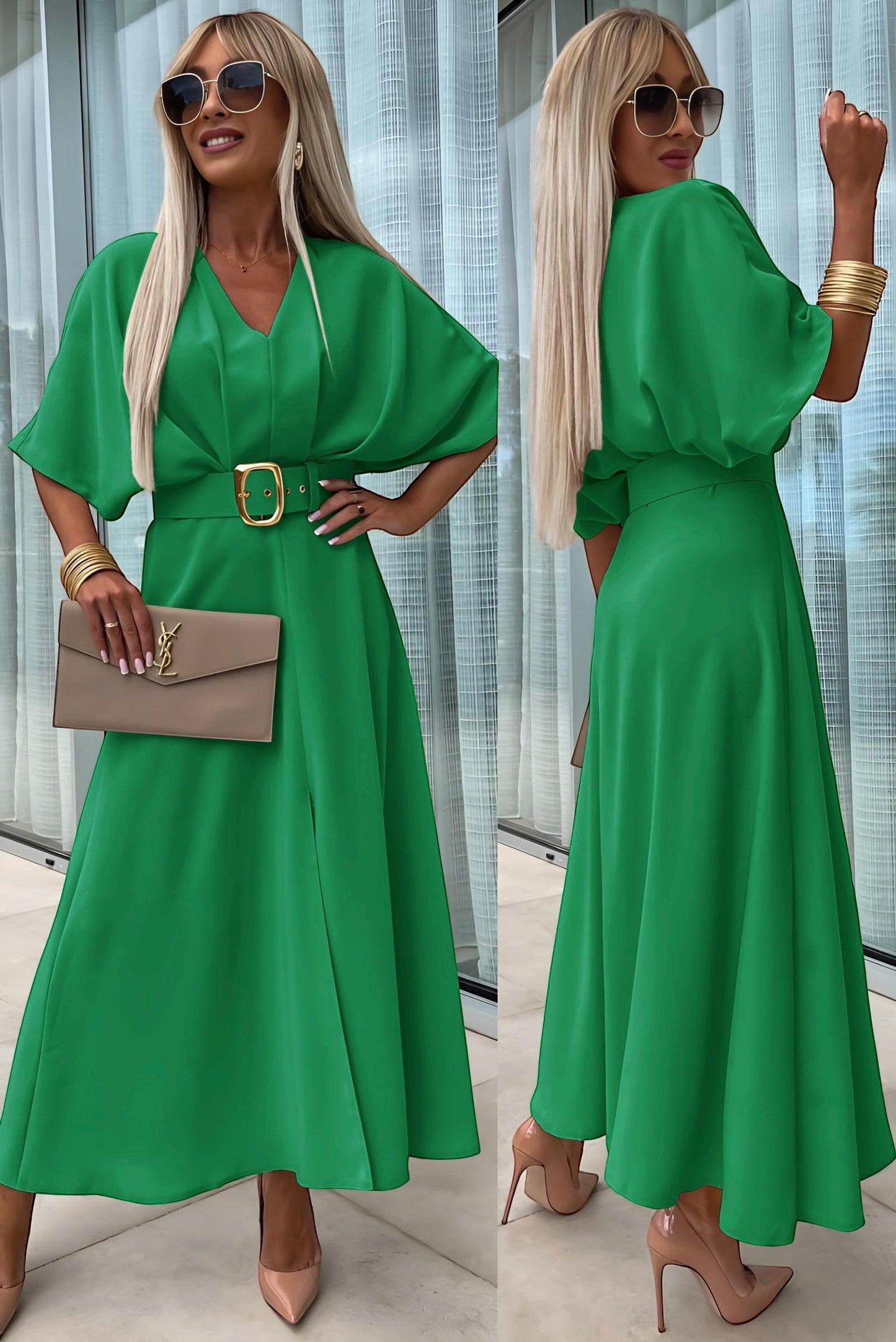 Long V-neck dress, very beautiful slit in the middle, with a belt, short sleeves, ideal for spring/summer