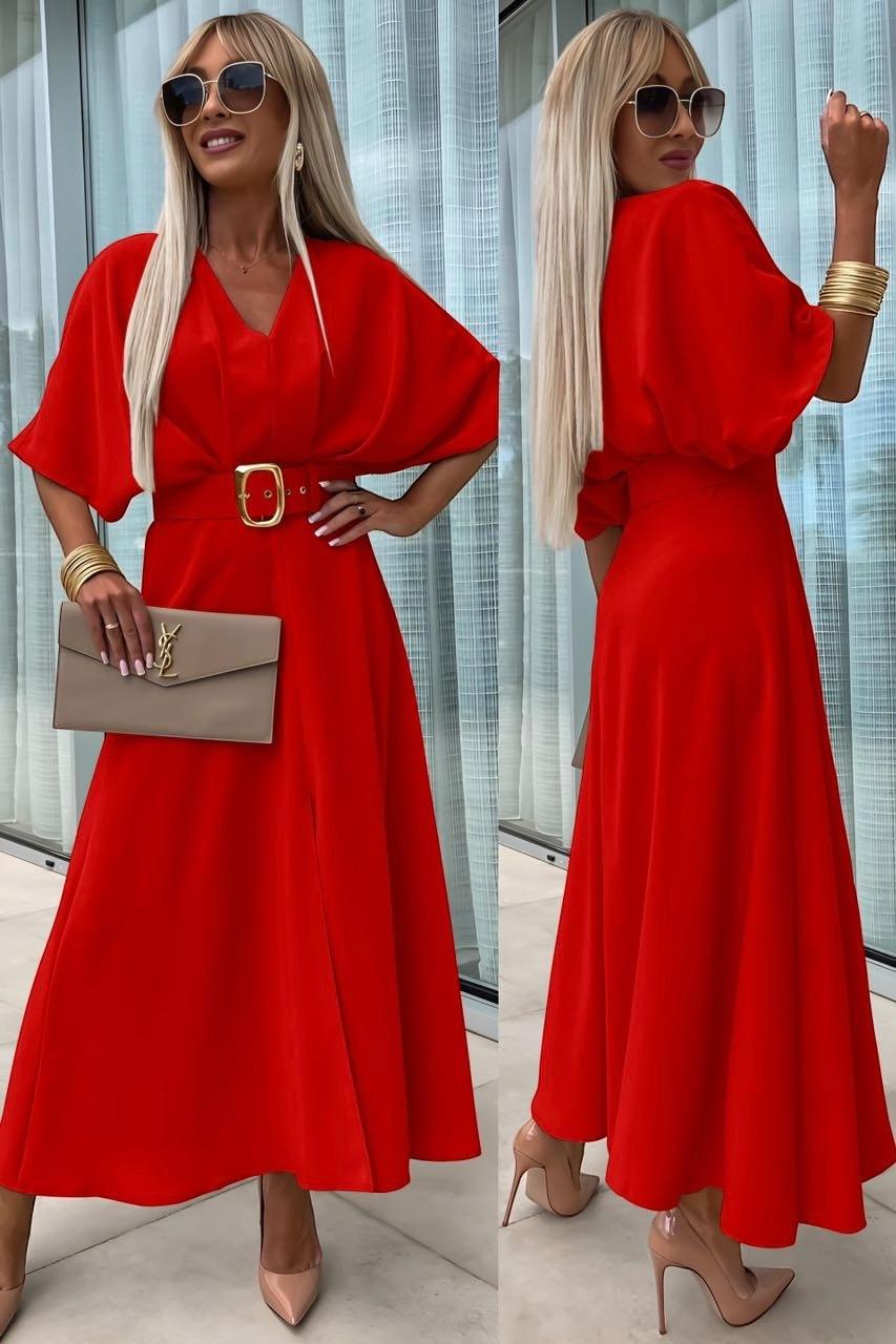 Long V-neck dress, very beautiful slit in the middle, with a belt, short sleeves, ideal for spring/summer