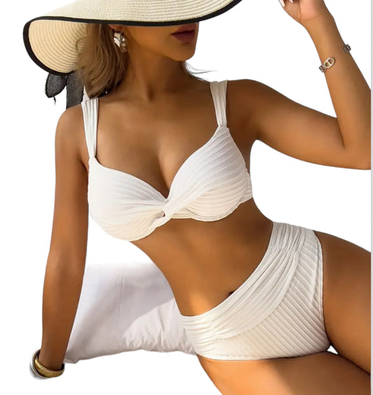 Textured High-Waisted Bikini Set With Hard Cup Underwire, Twist Front Top, White Two-Piece Swimsuit, Beachwear, Poolside Fashion