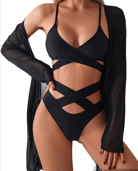 3 Piece Set Bikini, V Neck Layered Cut Out High Cut With Long Sleeves Cover Up Shirt Swimsuits, Women's Swimwear & Clothing