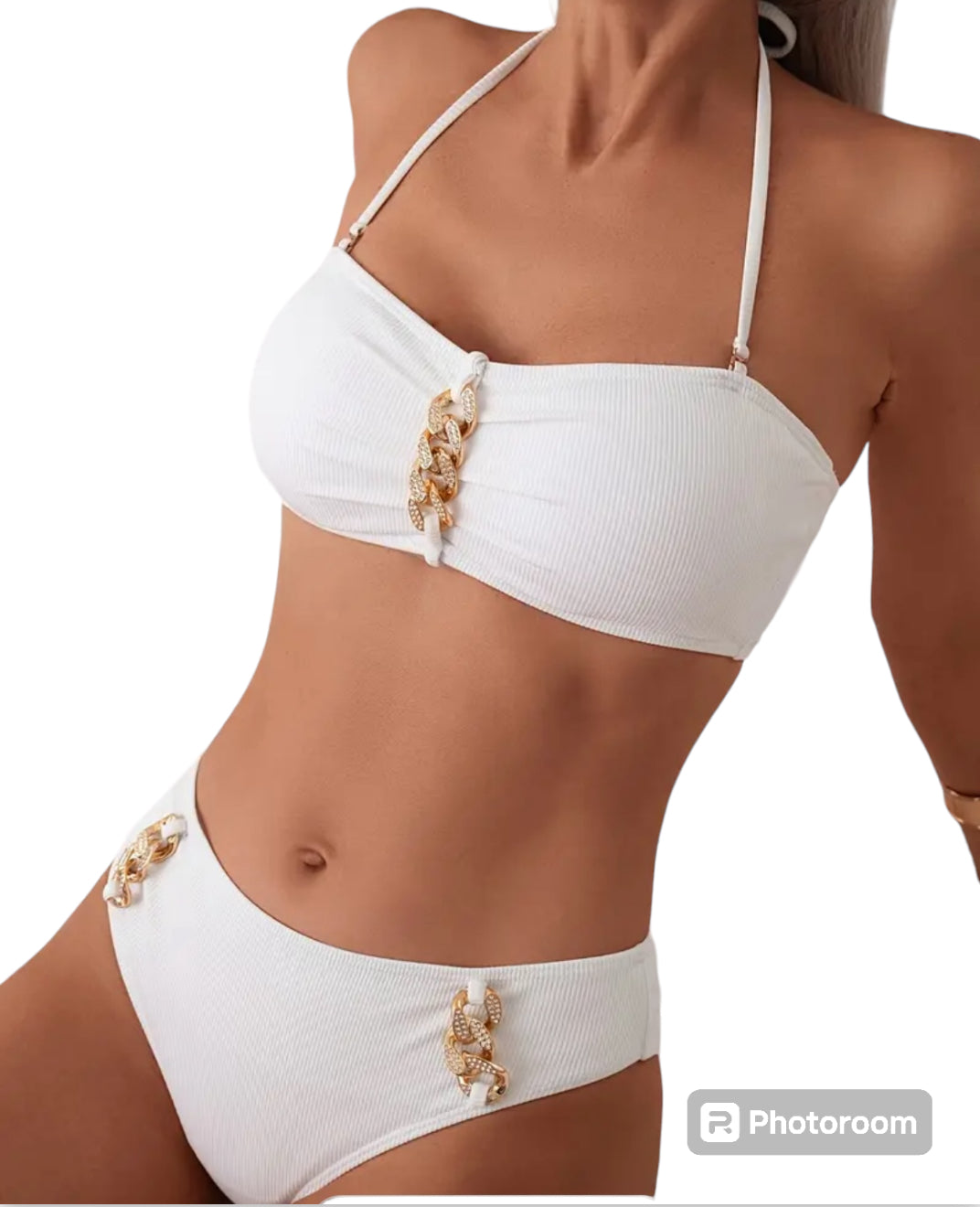 Ring-Linked Detail 2 Piece Set Bikini, Halter Neck High Cut Sexy Swimsuits, Women's Swimwear & Clothing