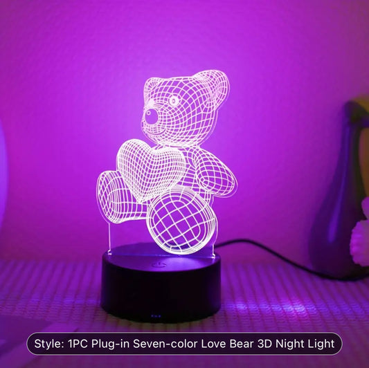 1pc Plug-in Seven-color Love Heart Teddy Bear 3D Night Light, Desktop Atmosphere Decoration Light, LED Desktop Decoration Night Light