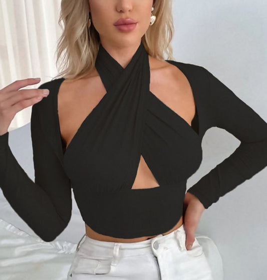 Black Slinky Cross Wrap Halter Neck Crop Top