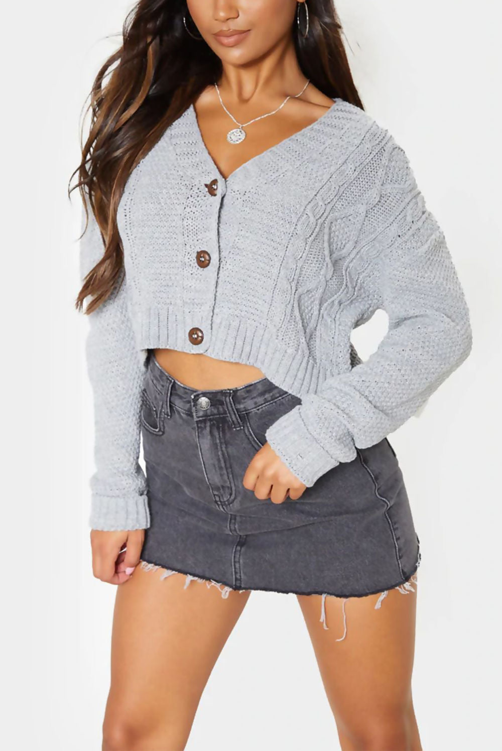 CABLE CROPPED BUTTON UP CARDIGAN