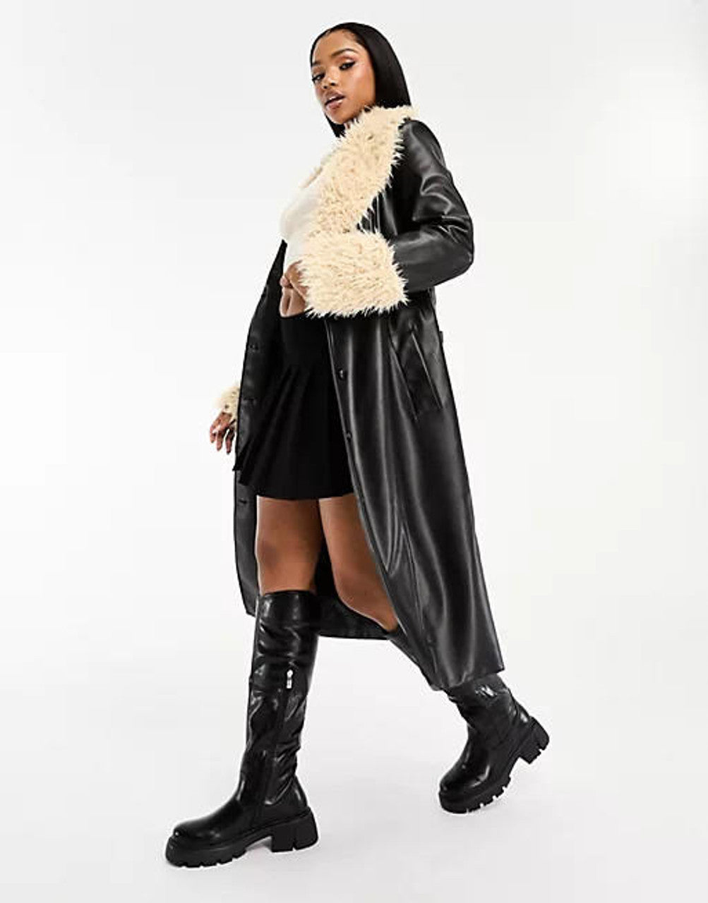 Black & Beige Faux Leather Fur-Trimmed Belted Midaxi Coat